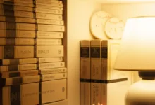 Rak buku dengan pencahayaan hangat berisi literatur klasik, lampu, dan piring dekoratif menciptakan suasana nyaman.