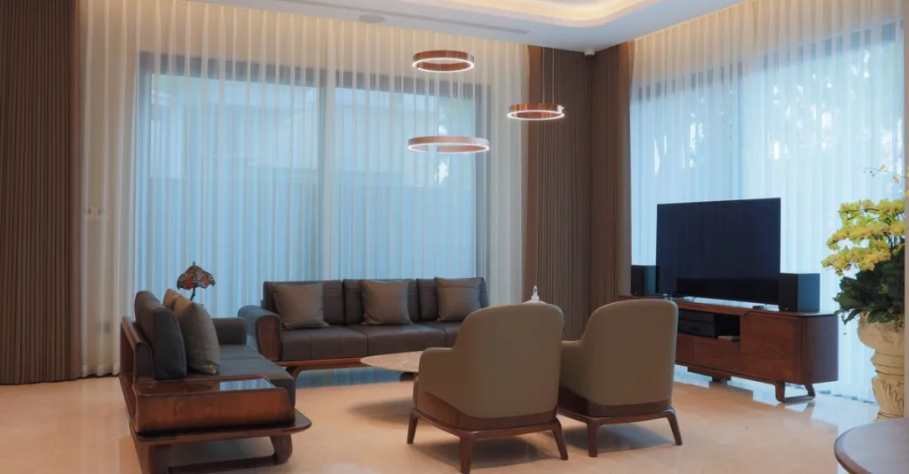 Ruang tamu bergaya dengan furnitur kontemporer dan pencahayaan elegan.