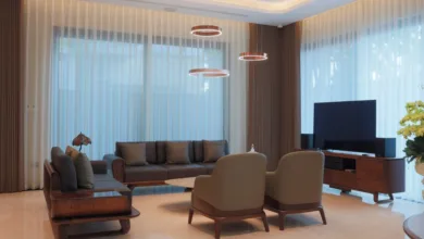 Ruang tamu bergaya dengan furnitur kontemporer dan pencahayaan elegan.