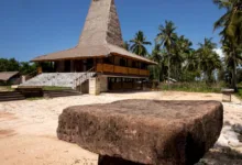 Jelajahi rumah tradisional Sumbawa yang dikelilingi pohon palem rimbun di bawah langit biru cerah.