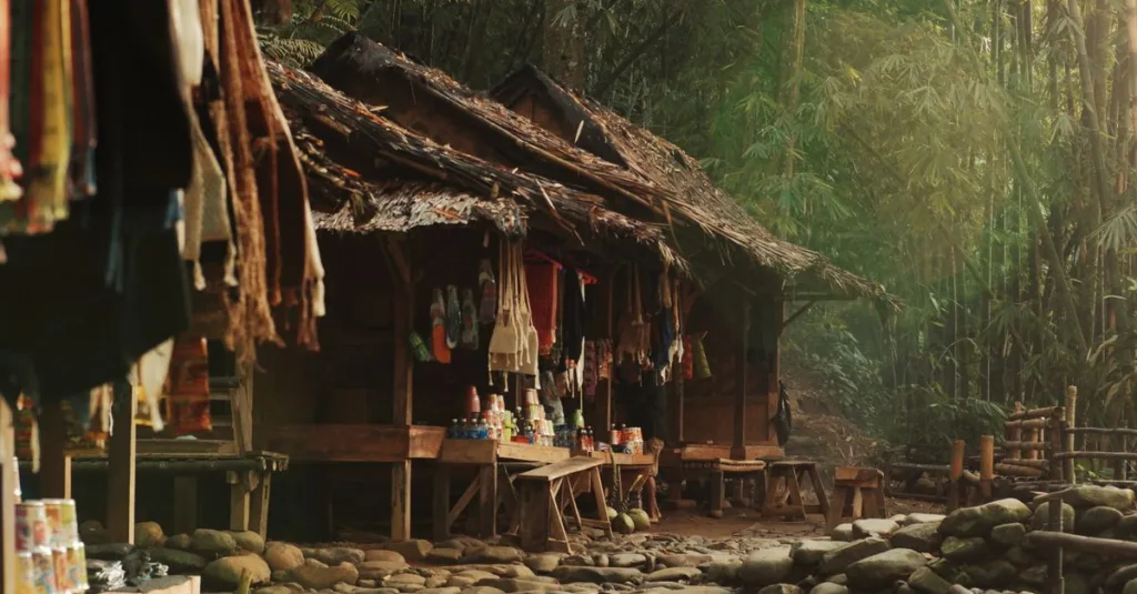 Kios-kios pasar sederhana di tengah hutan bambu, Banten, Indonesia, memamerkan kerajinan dan barang-barang lokal.