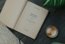 Buku terbuka 'Papillon' dengan kopi di pengaturan meja rustic, membangkitkan suasana vintage dan nyaman.