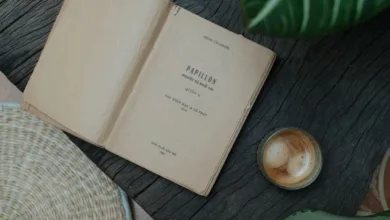 Buku terbuka 'Papillon' dengan kopi di pengaturan meja rustic, membangkitkan suasana vintage dan nyaman.