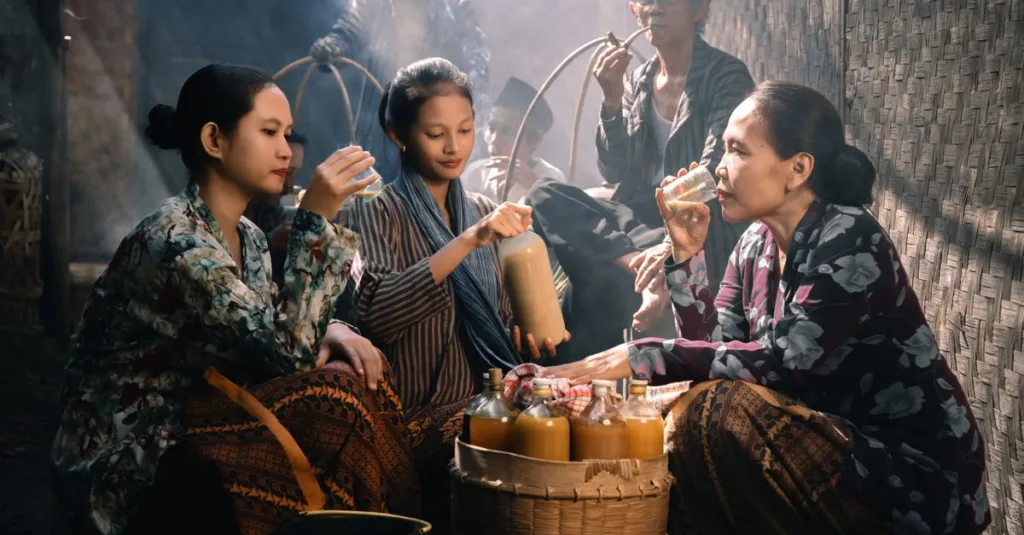 Wanita menikmati minuman Jamu tradisional di pasar di Jawa Barat, Indonesia.