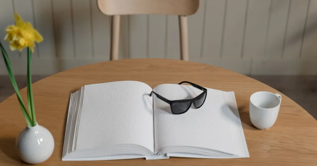 Buku Braille terbuka dengan kacamata hitam dan bunga daffodil di meja kayu di dalam ruangan.