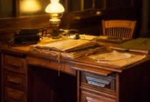 Pengaturan kantor vintage yang nyaman dengan mesin ketik antik, lampu, dan dokumen di atas meja kayu.