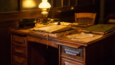 Pengaturan kantor vintage yang nyaman dengan mesin ketik antik, lampu, dan dokumen di atas meja kayu.