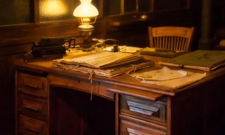 Pengaturan kantor vintage yang nyaman dengan mesin ketik antik, lampu, dan dokumen di atas meja kayu.